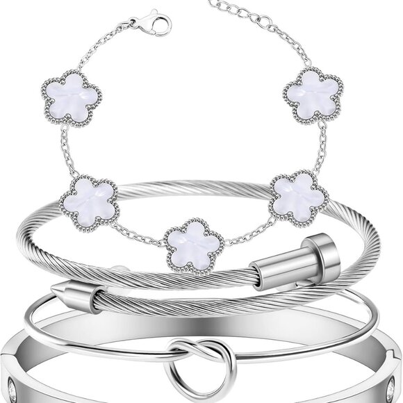 Women's 4Pcs Floral Gold Stainless Steel Bracelets Set Trend Jewelry Gifts - Picture 1 of 6